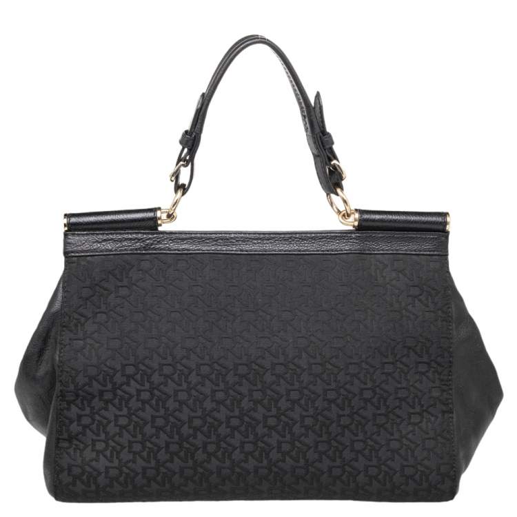 Pre Owned DKNY Black Signature Canvas And Leather Flap Lock Top Handle Bag