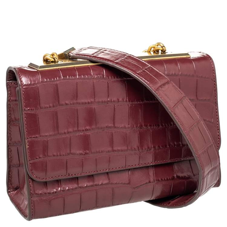 Pre Owned DKNY Burgundy Croc Embossed Leather Small Chain Shoulder Bag