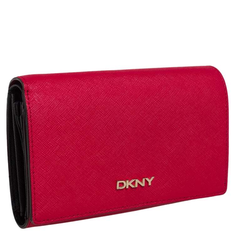 Pre Owned DKNY Red Saffiano Leather Flap Continental Wallet