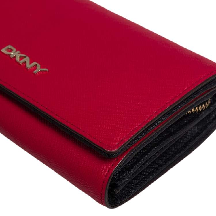 Pre Owned DKNY Red Saffiano Leather Flap Continental Wallet