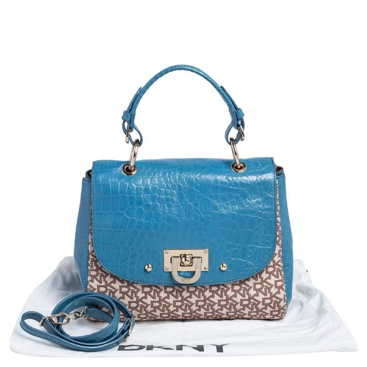 Pre Owned DKNY Signature Canvas and Croc Embossed Leather Flap Lock Top Handle Bag
