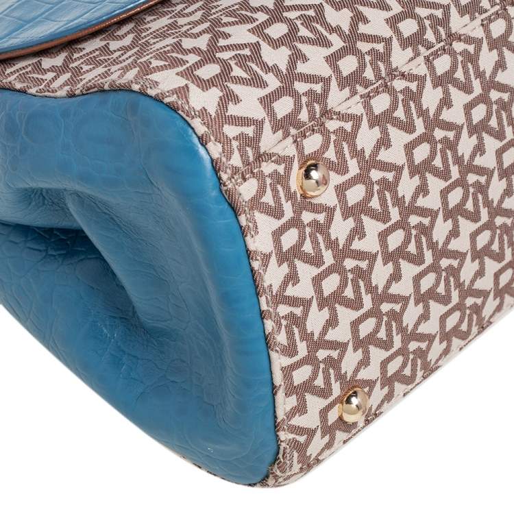 Pre Owned DKNY Signature Canvas and Croc Embossed Leather Flap Lock Top Handle Bag