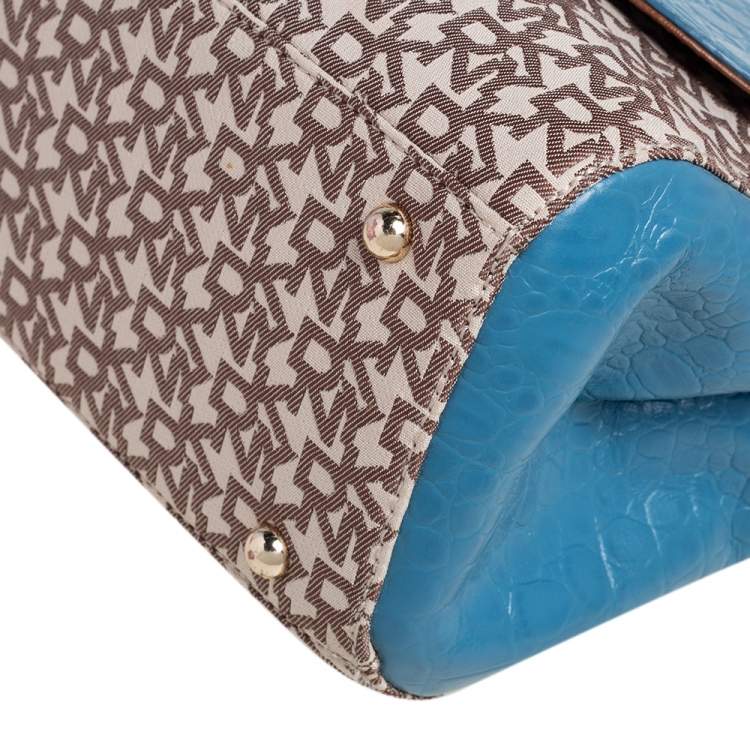 Pre Owned DKNY Signature Canvas and Croc Embossed Leather Flap Lock Top Handle Bag