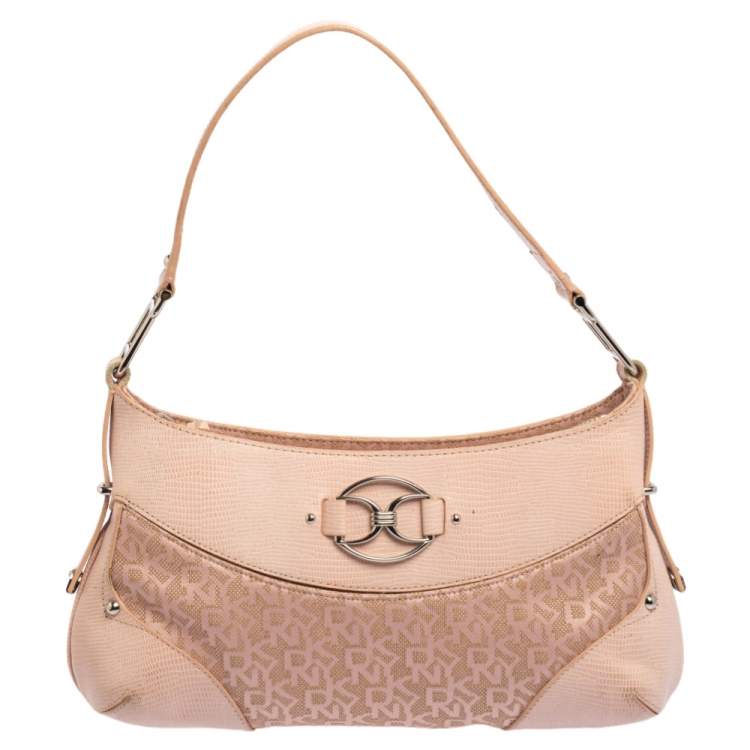Pre Owned Dkny Pink Signature Canvas and Lizard Embossed Leather Hobo