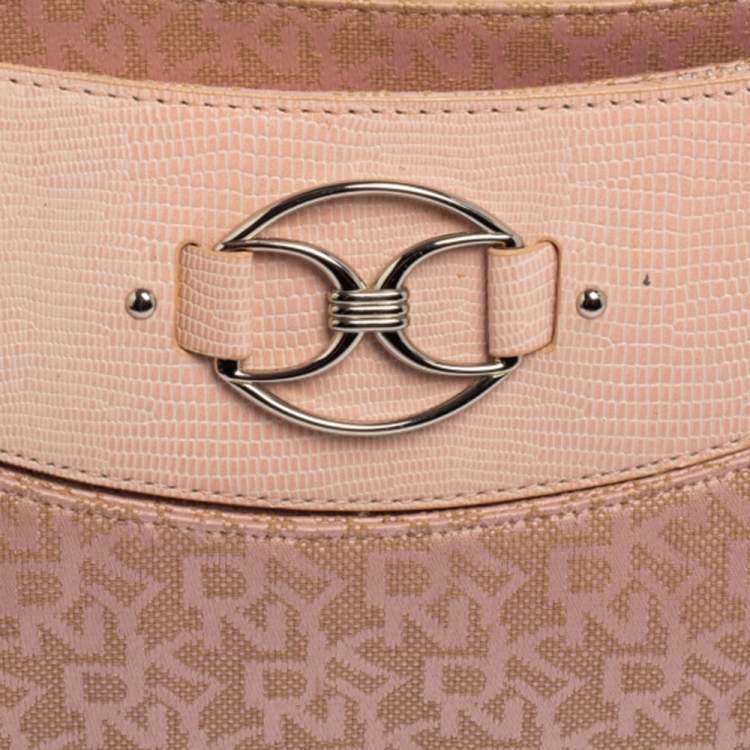Pre Owned Dkny Pink Signature Canvas and Lizard Embossed Leather Hobo