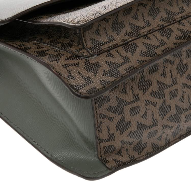 Pre Owned Dkny Green/Brown Signature Coated Canvas and Leather Flap Chain Bag