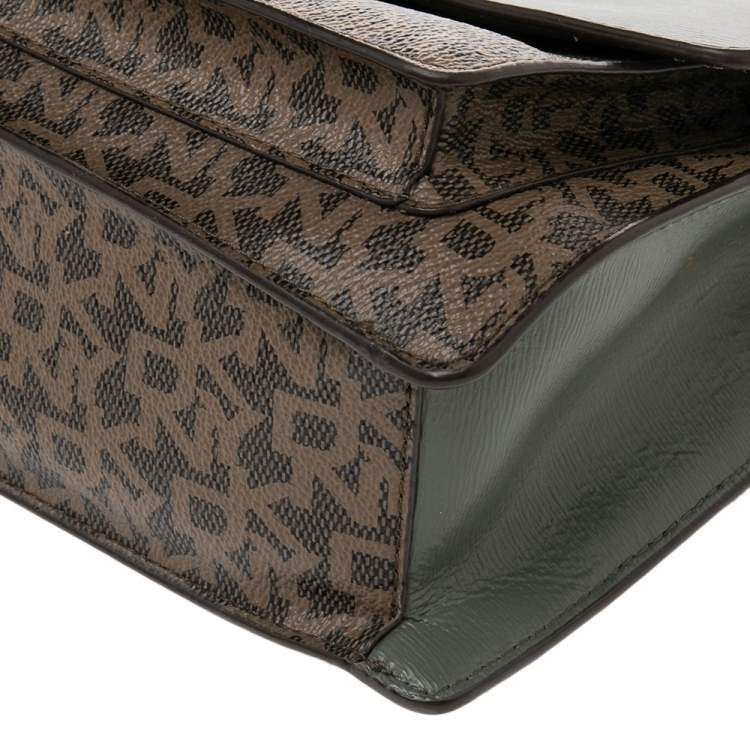Pre Owned Dkny Green/Brown Signature Coated Canvas and Leather Flap Chain Bag