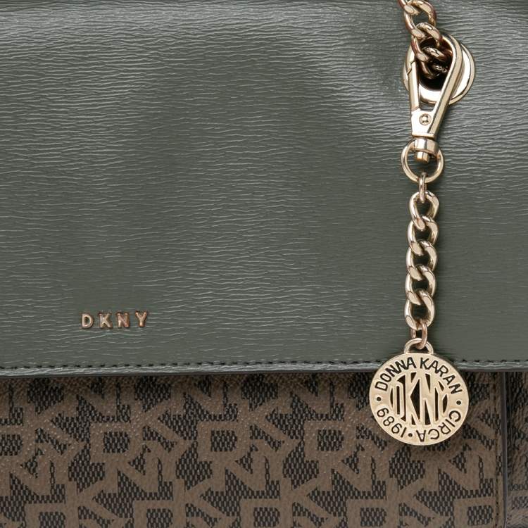 Pre Owned Dkny Green/Brown Signature Coated Canvas and Leather Flap Chain Bag