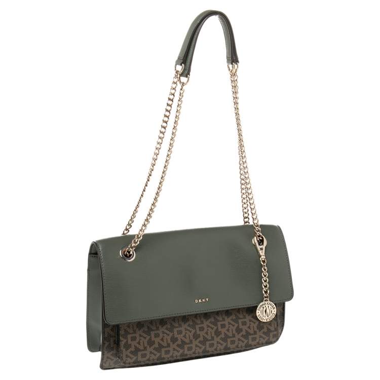 Pre Owned Dkny Green/Brown Signature Coated Canvas and Leather Flap Chain Bag