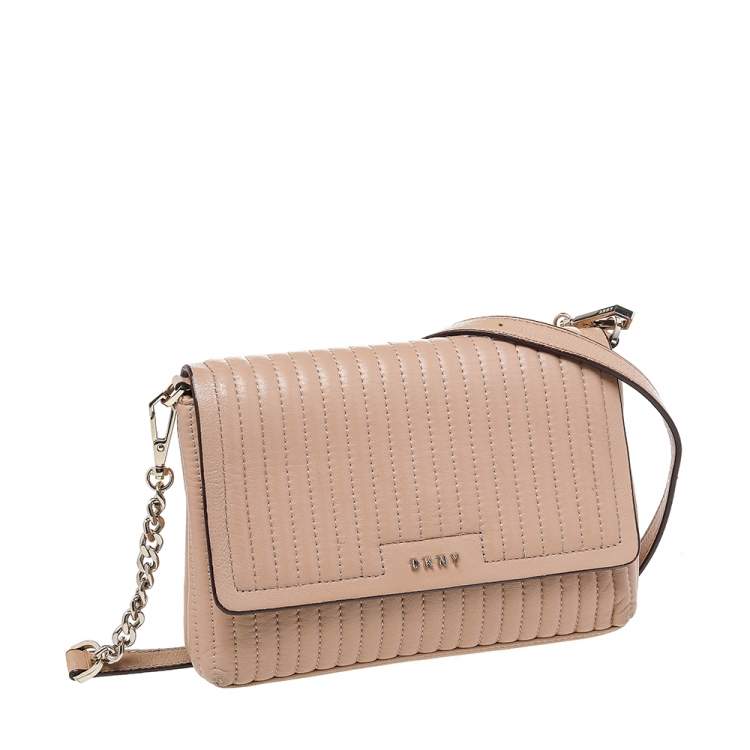 Pre Owned DKNY Beige Pinstripe Quilted Leather Gansevoort Flap Shoulder Bag