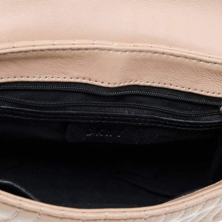 Pre Owned DKNY Beige Pinstripe Quilted Leather Gansevoort Flap Shoulder Bag