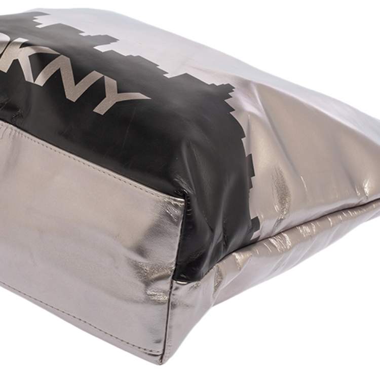 Pre Owned DKNY Silver/Black Faux Leather Shopper Tote