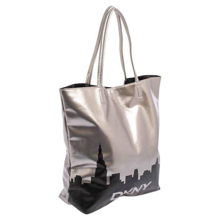 Pre Owned DKNY Silver/Black Faux Leather Shopper Tote