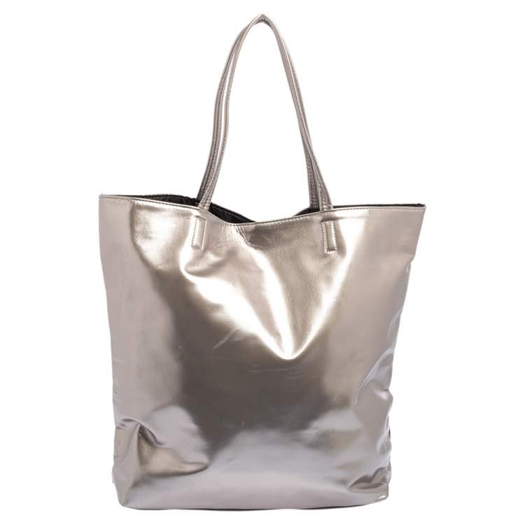 Pre Owned DKNY Silver/Black Faux Leather Shopper Tote