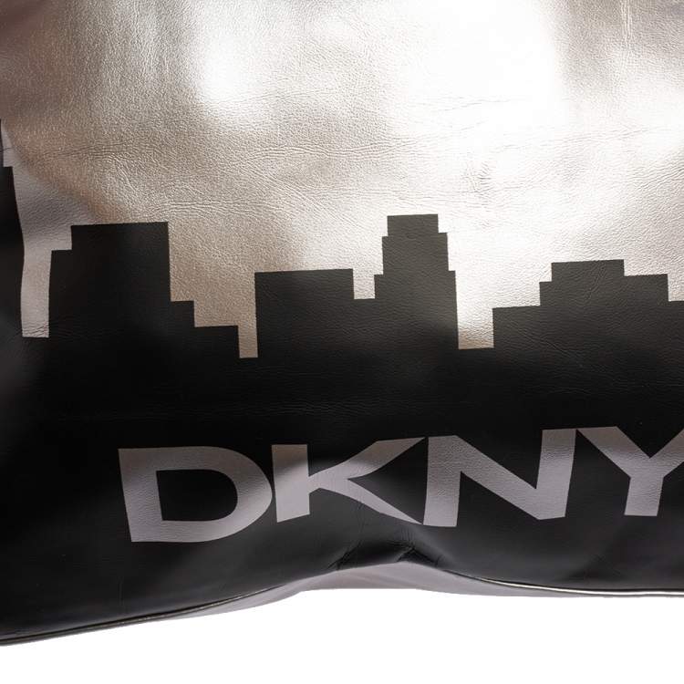Pre Owned DKNY Silver/Black Faux Leather Shopper Tote