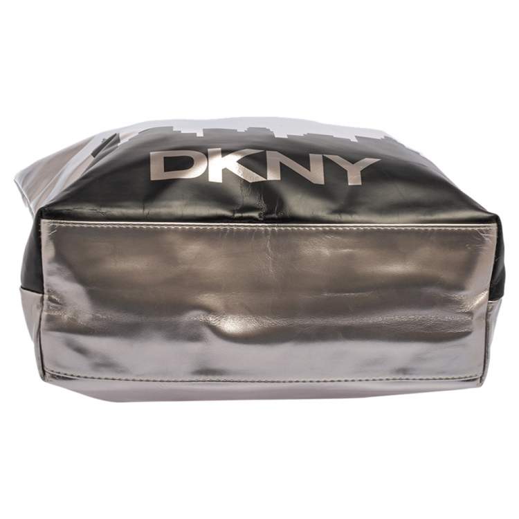 Pre Owned DKNY Silver/Black Faux Leather Shopper Tote