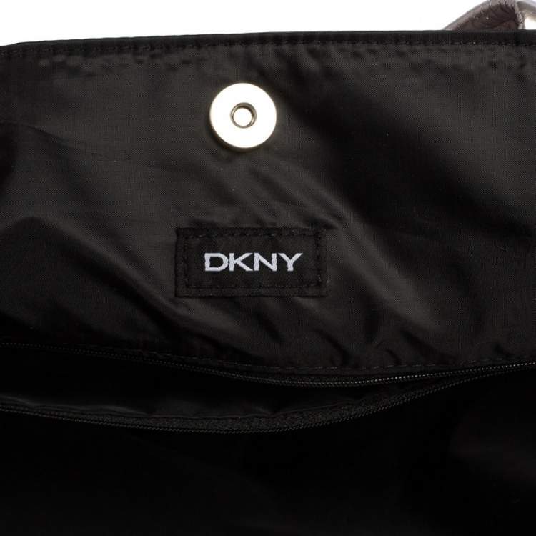 Pre Owned DKNY Silver/Black Faux Leather Shopper Tote