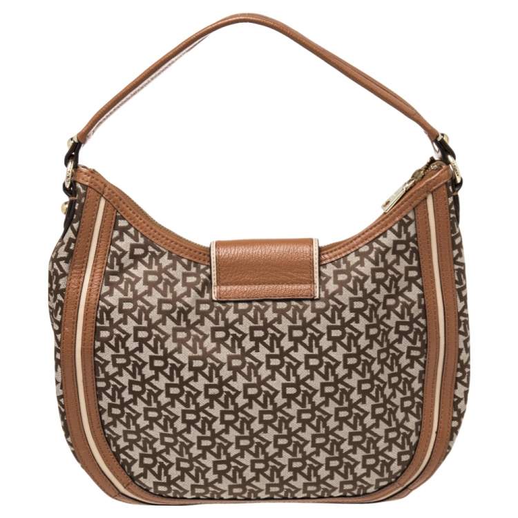 Pre Owned DKNY Brown Signature Canvas and Leather Trim Buckle Hobo