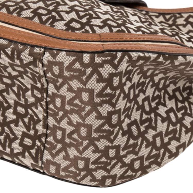 Pre Owned DKNY Brown Signature Canvas and Leather Trim Buckle Hobo