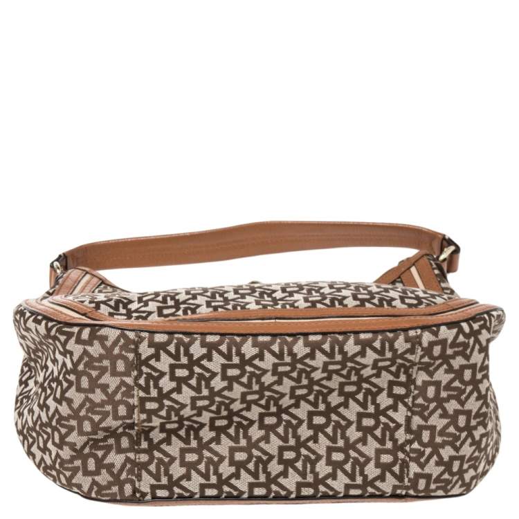 Pre Owned DKNY Brown Signature Canvas and Leather Trim Buckle Hobo