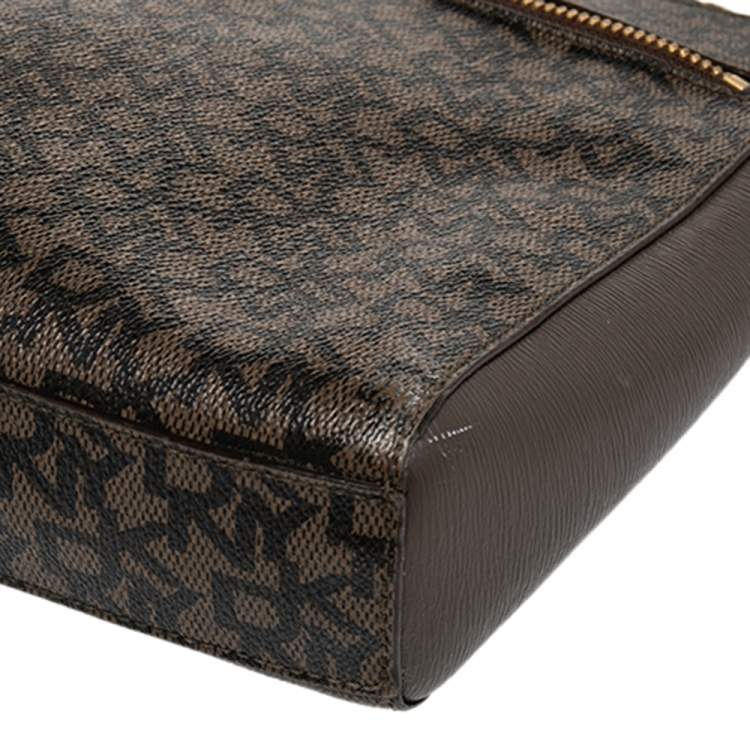 Pre Owned DKNY Brown Signature Canvas And Leather Top Zip Shoulder Bag