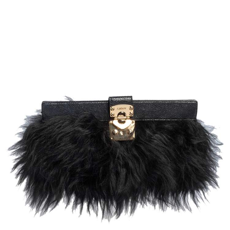 Pre Owned Dkny Black/Navy Blue Leather and Faux Fur Pushlock Flap Clutch