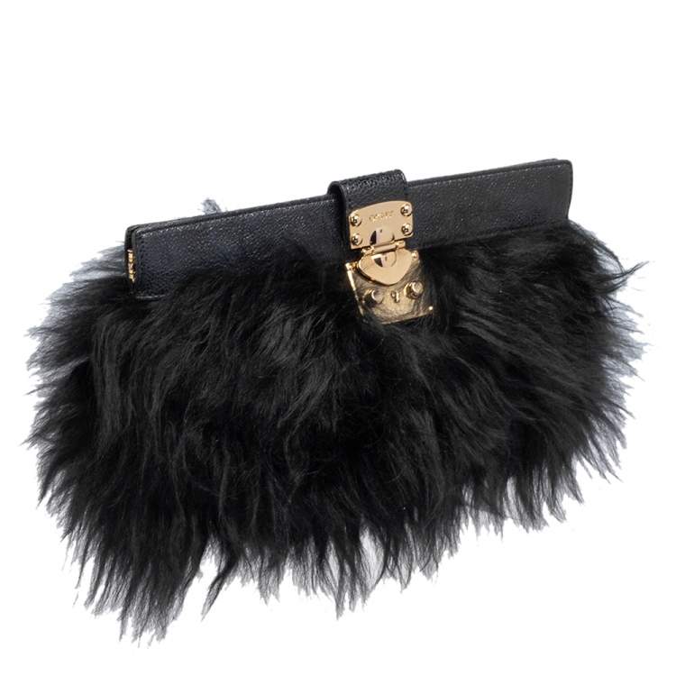 Pre Owned Dkny Black/Navy Blue Leather and Faux Fur Pushlock Flap Clutch