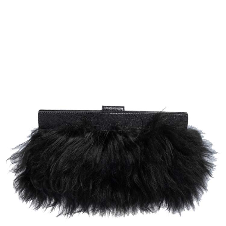 Pre Owned Dkny Black/Navy Blue Leather and Faux Fur Pushlock Flap Clutch