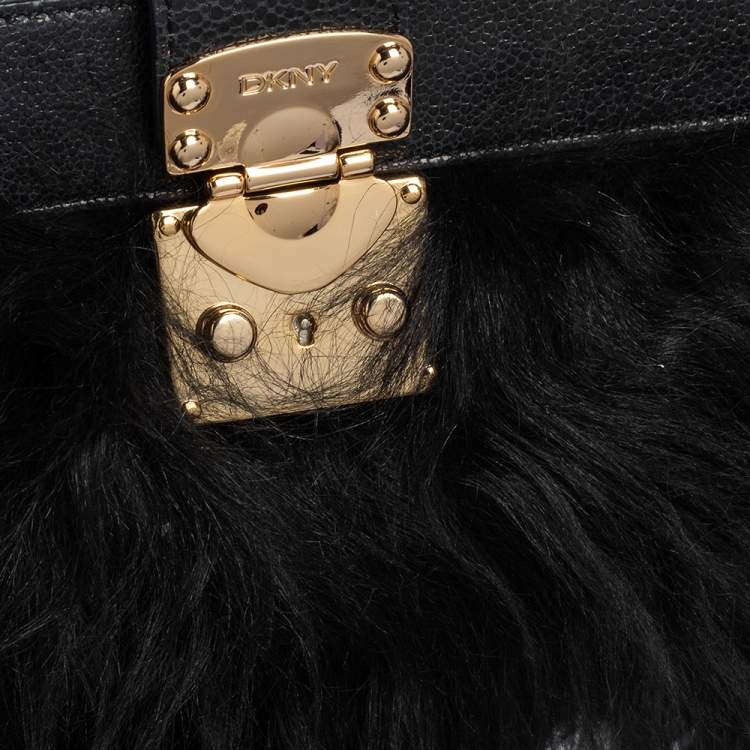Pre Owned Dkny Black/Navy Blue Leather and Faux Fur Pushlock Flap Clutch