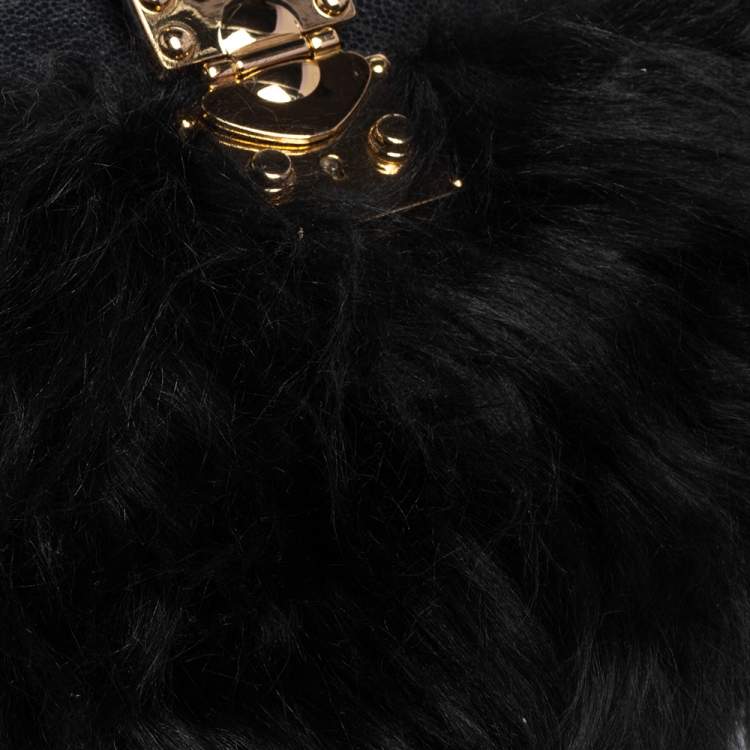 Pre Owned Dkny Black/Navy Blue Leather and Faux Fur Pushlock Flap Clutch