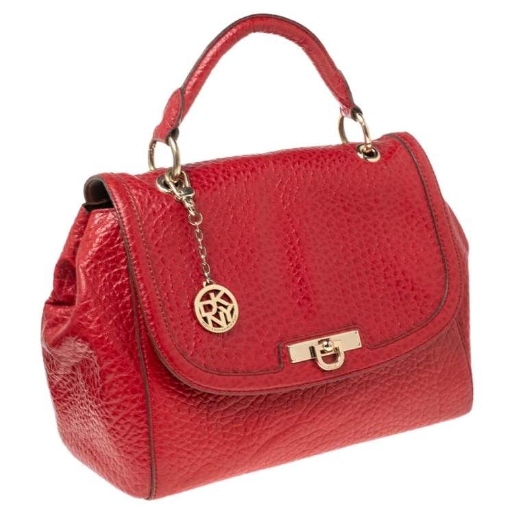 Pre Owned DKNY Red Textured Leather Flap Top Handle Bag