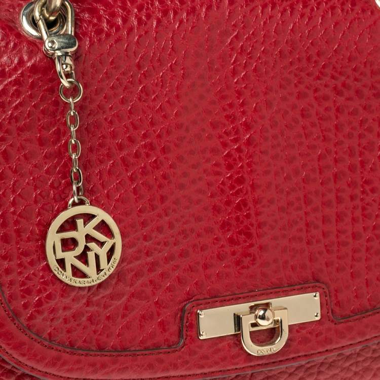 Pre Owned DKNY Red Textured Leather Flap Top Handle Bag