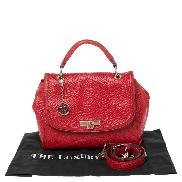 Pre Owned DKNY Red Textured Leather Flap Top Handle Bag