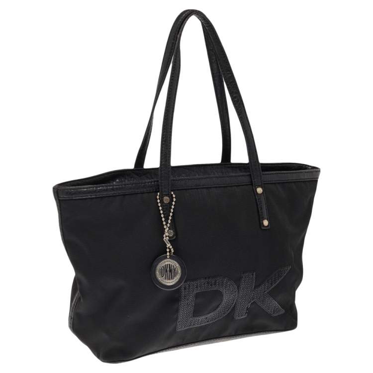Pre Owned DKNY Black Nylon and Leather Sequin Logo Tote