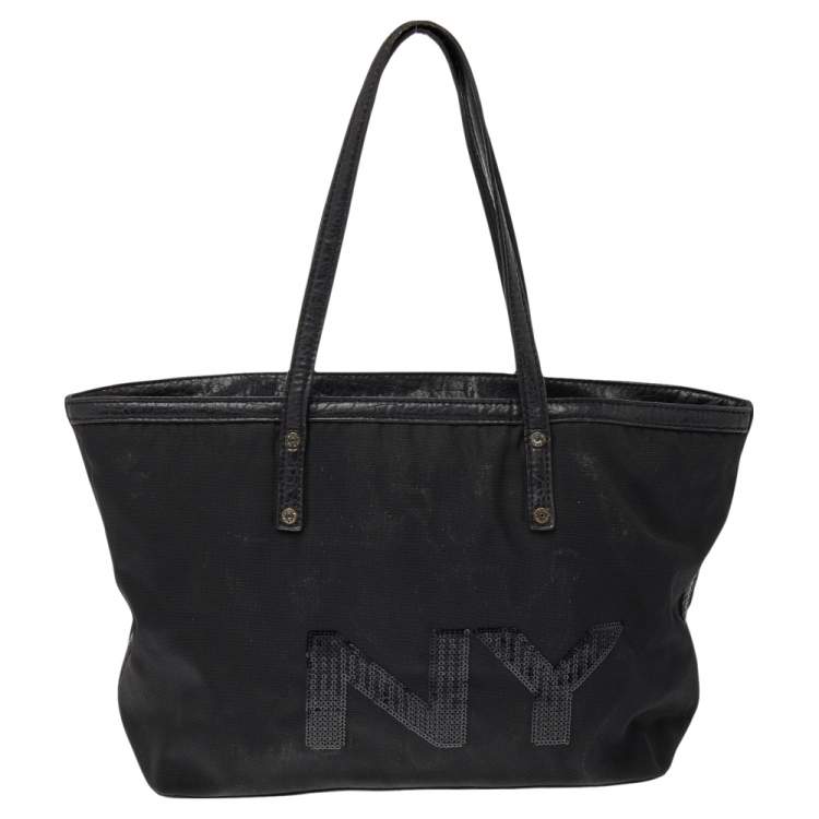 Pre Owned DKNY Black Nylon and Leather Sequin Logo Tote