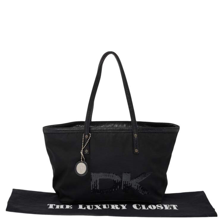 Pre Owned DKNY Black Nylon and Leather Sequin Logo Tote