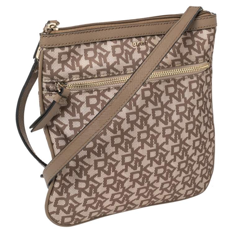 Pre Owned Dkny Beige/Brown Signature Nylon and Leather Crossbody Bag