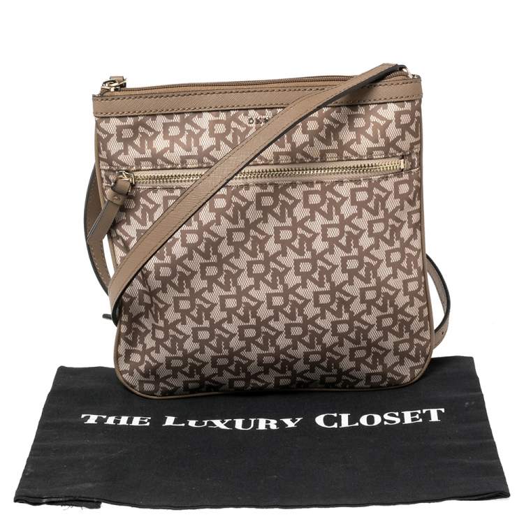 Pre Owned Dkny Beige/Brown Signature Nylon and Leather Crossbody Bag