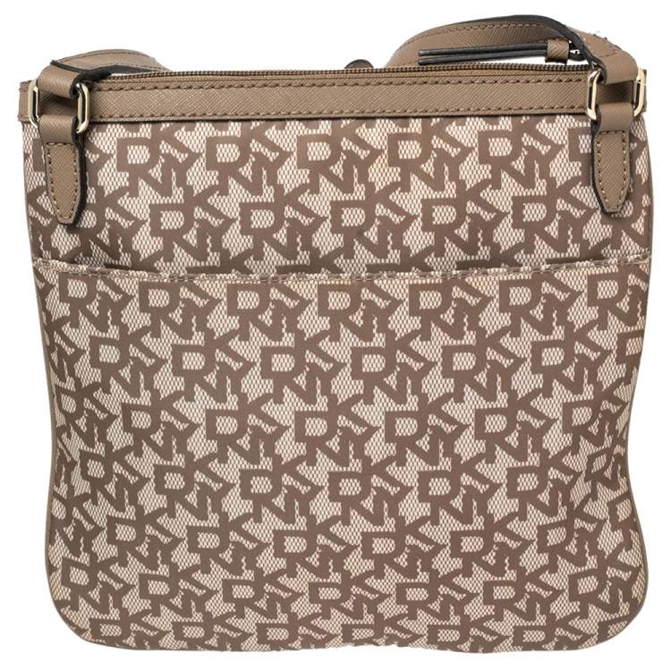Pre Owned Dkny Beige/Brown Signature Nylon and Leather Crossbody Bag