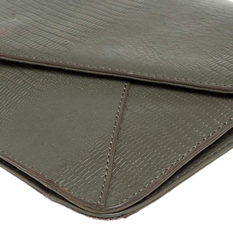 Pre Owned DKNY Green Lizard Embossed Leather Envelope Chain Clutch