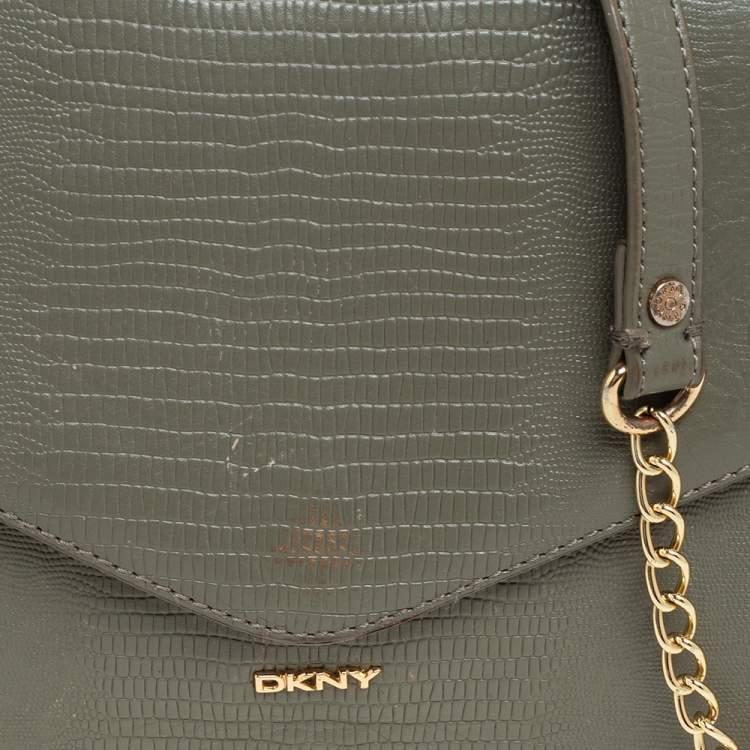 Pre Owned DKNY Green Lizard Embossed Leather Envelope Chain Clutch