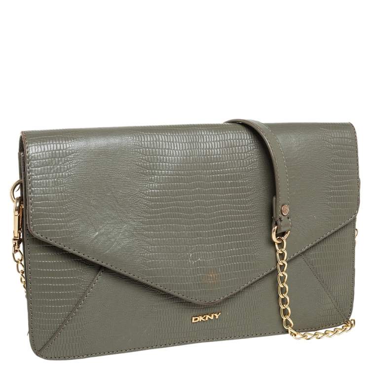 Pre Owned DKNY Green Lizard Embossed Leather Envelope Chain Clutch