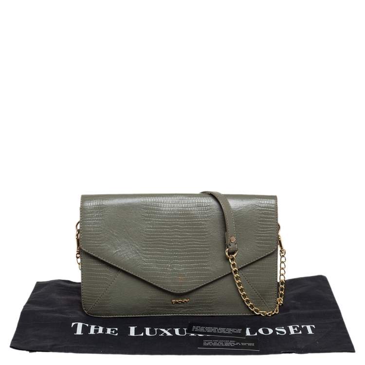 Pre Owned DKNY Green Lizard Embossed Leather Envelope Chain Clutch