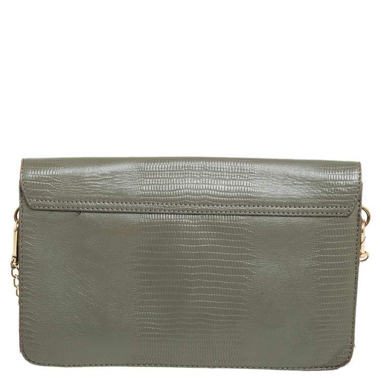 Pre Owned DKNY Green Lizard Embossed Leather Envelope Chain Clutch