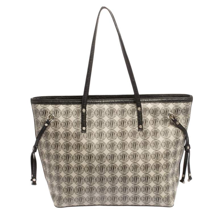 Pre Owned DKNY Black Signature Coated Canvas and Leather Trim Tote