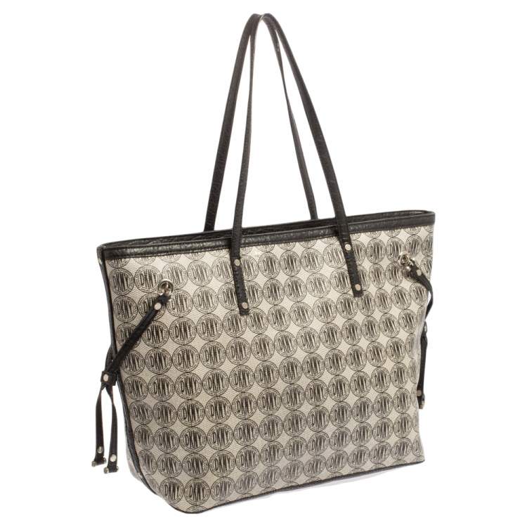 Pre Owned DKNY Black Signature Coated Canvas and Leather Trim Tote