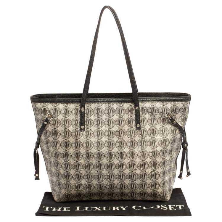 Pre Owned DKNY Black Signature Coated Canvas and Leather Trim Tote