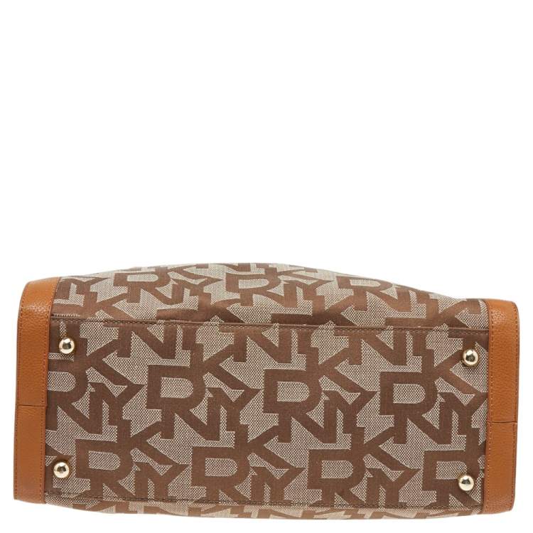 Pre Owned DKNY Beige/Tan Signature Canvas and Leather Tote