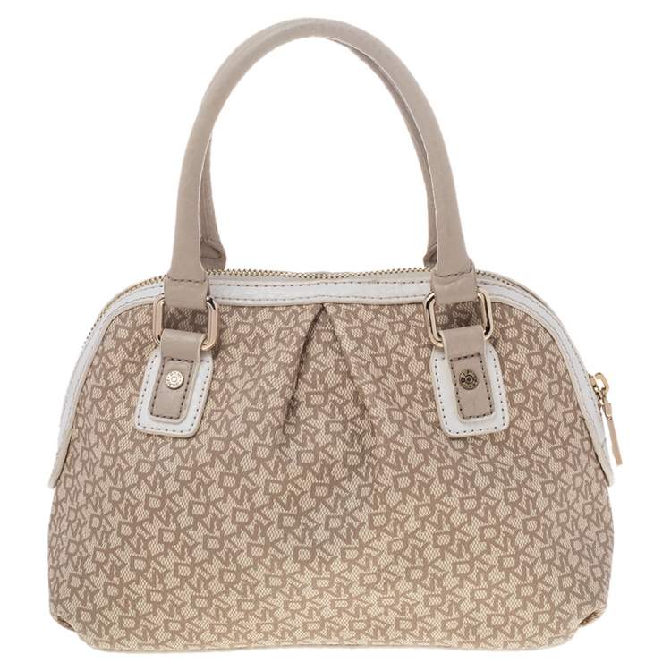 Pre Owned Dkny Beige/White Signature Coated Canvas and Leather Dome Satchel