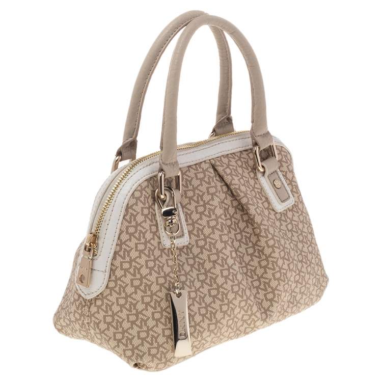 Pre Owned Dkny Beige/White Signature Coated Canvas and Leather Dome Satchel